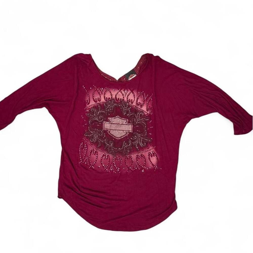 Harley-Davidson Rhinestone Embellished Burgundy 3/4 Sleeve Top Small HDW0916-T14 - Picture 6 of 8